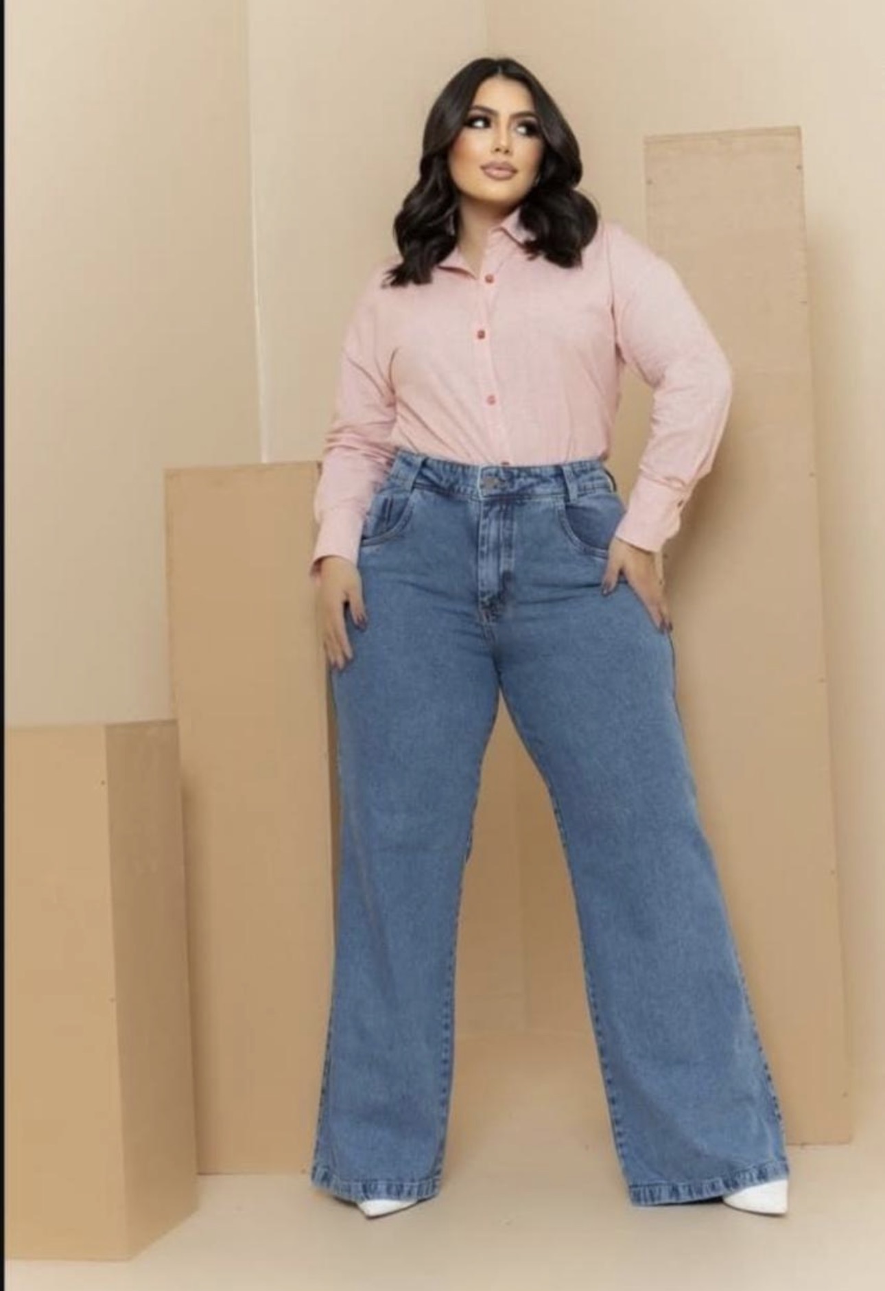 Calça Wide Leg Jeans Azul Claro (Plus Size)
