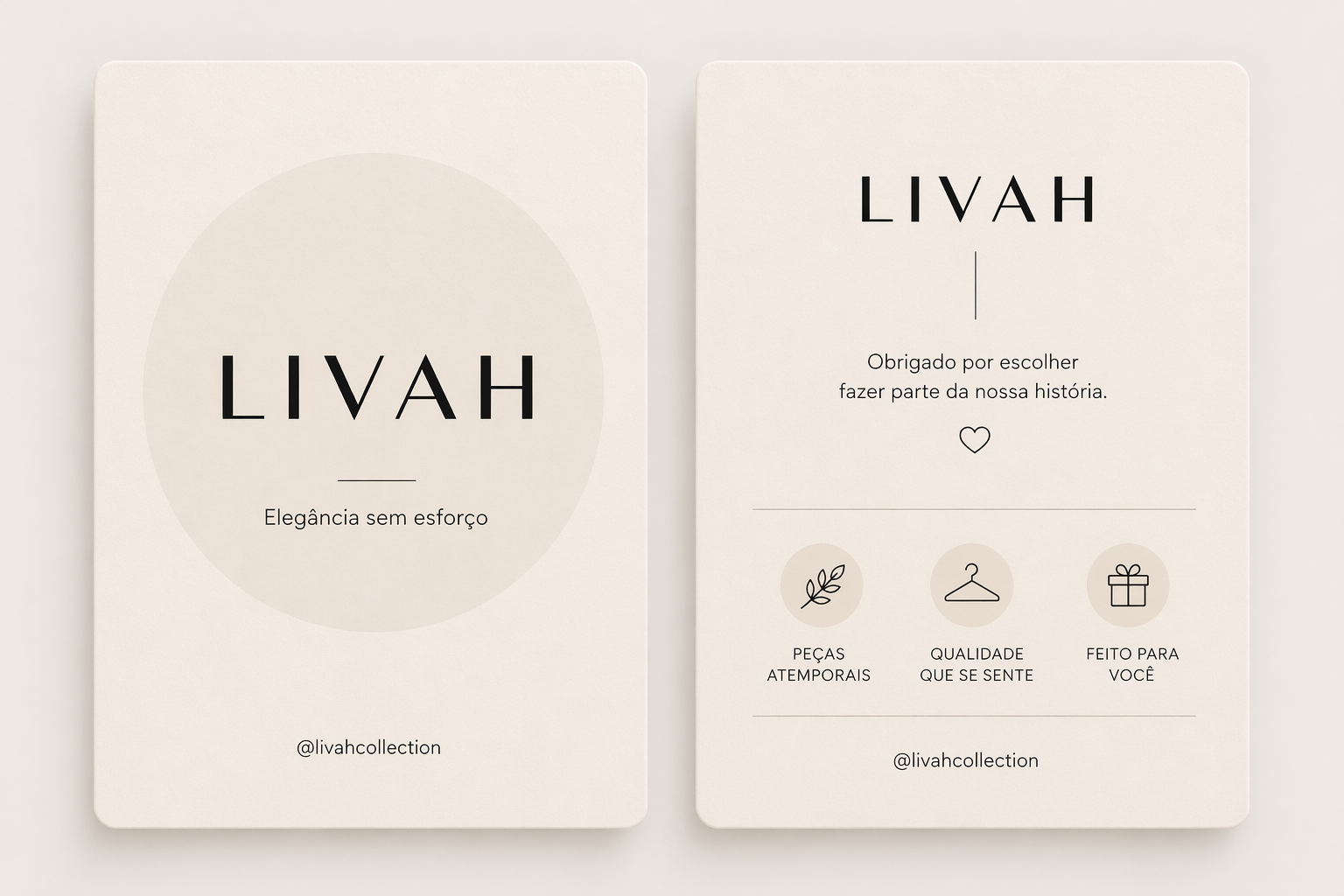 Cartão de agradecimento LIVAH com a tagline Elegância sem esforço