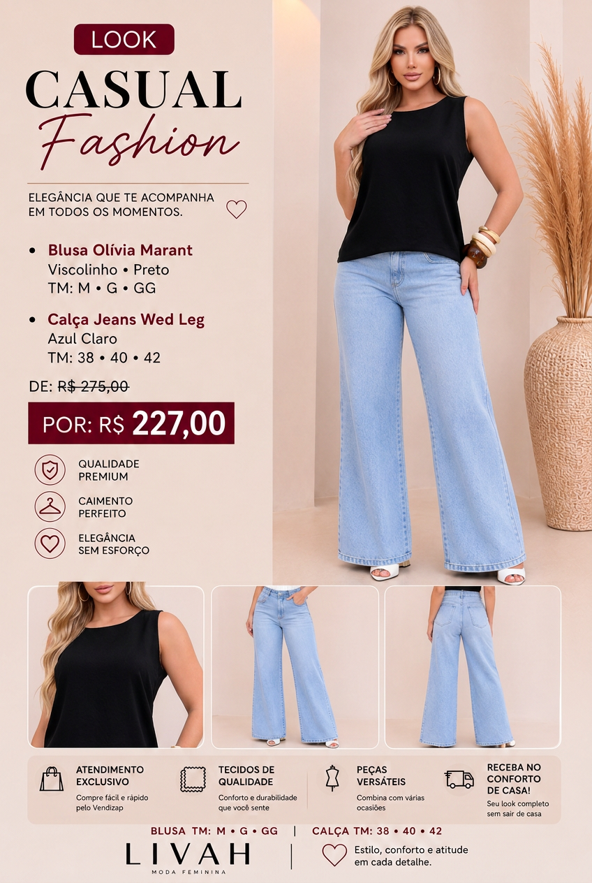Look Casual Fashion Blusa Olívia + Calça Jeans Wide Leg Azul Claro