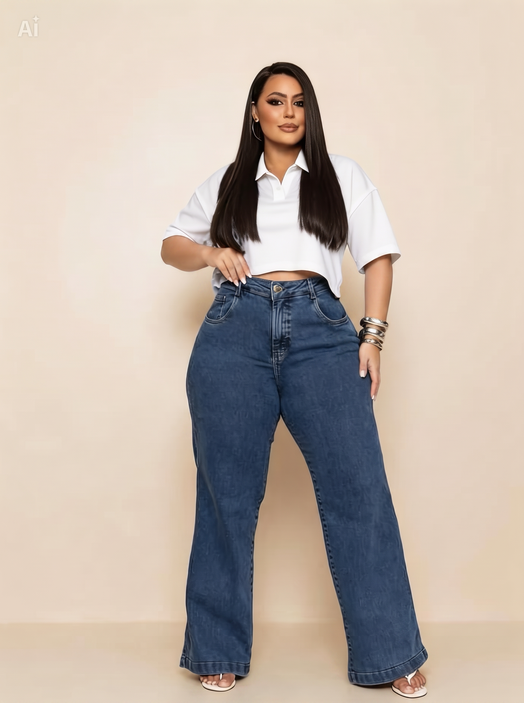 Calça Wide Leg Jeans Azul Escuro (Plus Size)